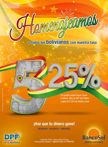 En el mes de Bolivia, DPF Sol Festivo paga el 5,25 % de interés a sus ahorristas