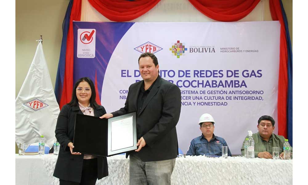 YPFB Redes de Gas Cochabamba recibe Certificación ISO 37001 y ratifica cero tolerancia al soborno