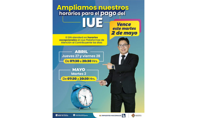 El SIN amplía horario de atención hasta las 20:30 horas por vencimiento de pago del IUE El SIN amplía horario de atención hasta las 20:30 horas por vencimiento de pago del IUE