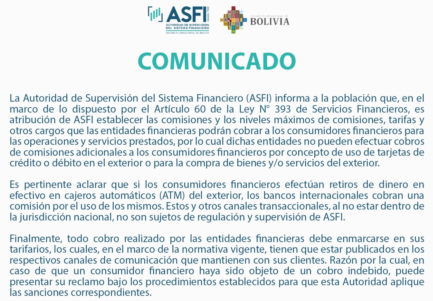 ASFI: Entidades financieras no pueden hacer cobros adicionales por uso de tarjetas en el exterior o compras del exterior