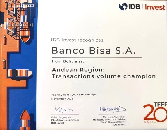 Banco BISA recibe un reconocimiento regional de BID Invest por su liderazgo en comercio exterior